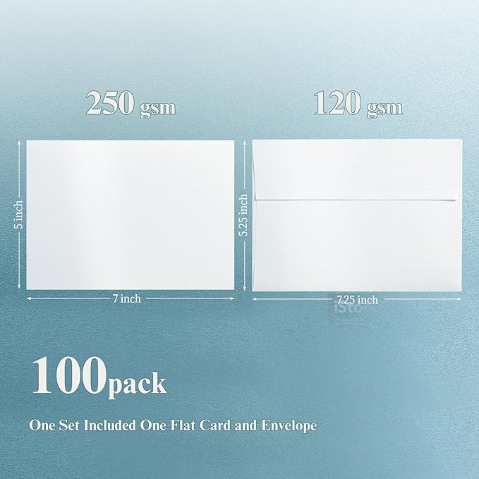 White Shimmer Blank Cards and Envelopes, Goefun 5x7 Flat Cardstock and A7 Envelopes Self Seal 100 Pack for Wedding, Invitations, DIY Greeting Cardstock, Thank You Cards & All Occasion (Unfolded)