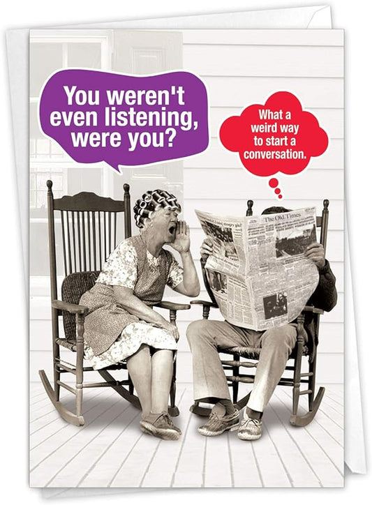 NobleWorks - Funny Anniversary Greeting Card - Romantic Spouse Humor, Married Couples Anniversary Notecard - Weird Conversation C7000ANG