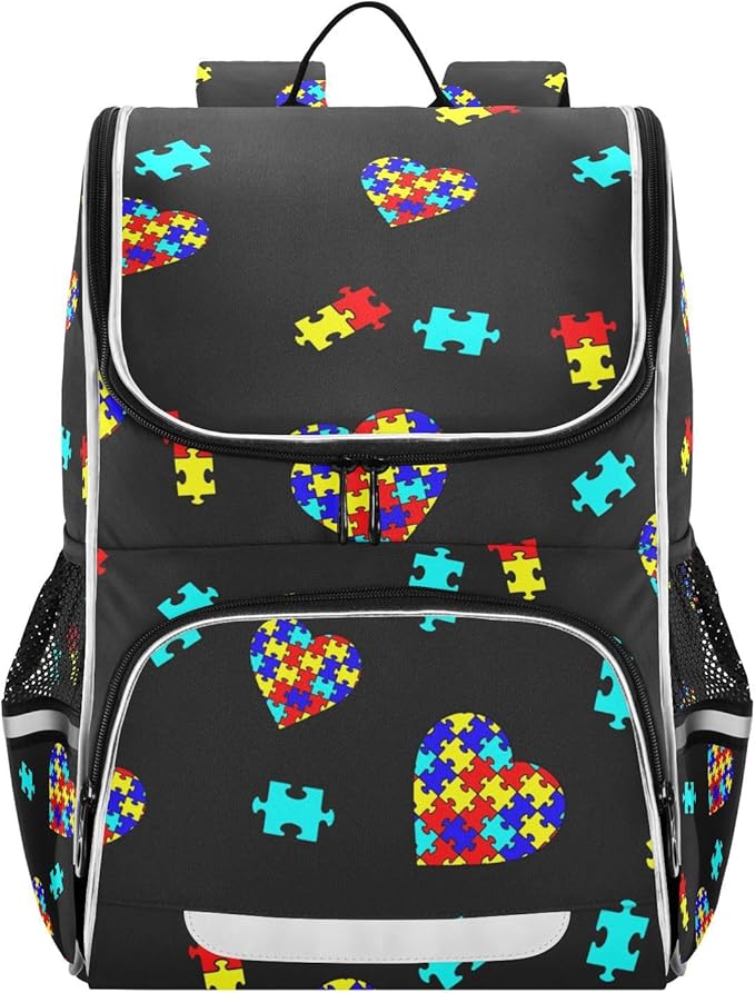 Autism Awareness Colorful Puzzle Backpack with Reflective Strip for Kids Boys Girls Elementary School Bag Removable Chest Strap
