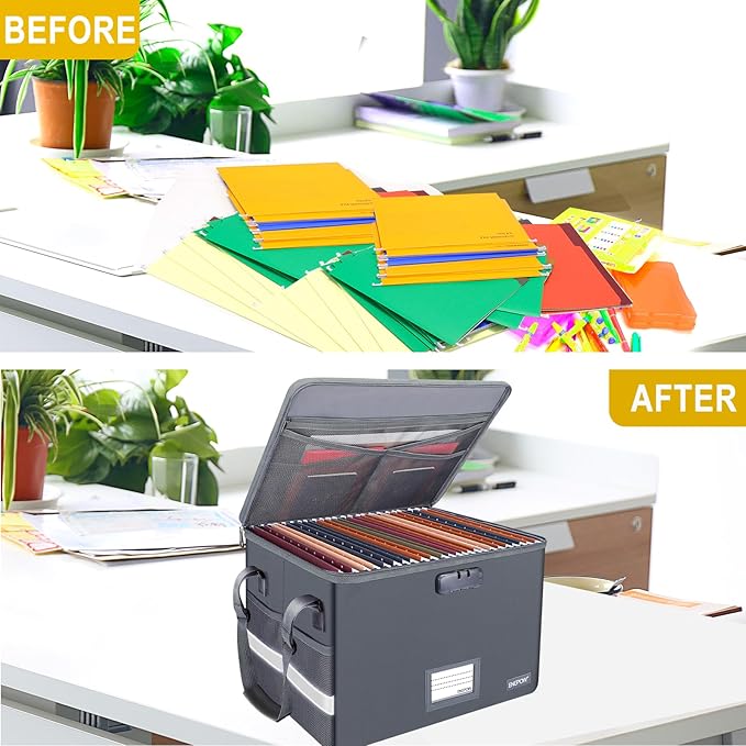 ENGPOW File Box with Lock,Fireproof Document Box with Pockets,Collapsible File Storage Organizer Box Filing Box with Handle,Portable Home Office Safe Box for Hanging Letter/Legal Folder,2 Pack(Gray)