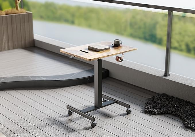 Mobile Standing Desk, Small Rolling Standing Desk, Mobile Desk Workstation with Wheels, Pneumatic Mobile Laptop Desk for Home Office with Hook, Rustic Brown