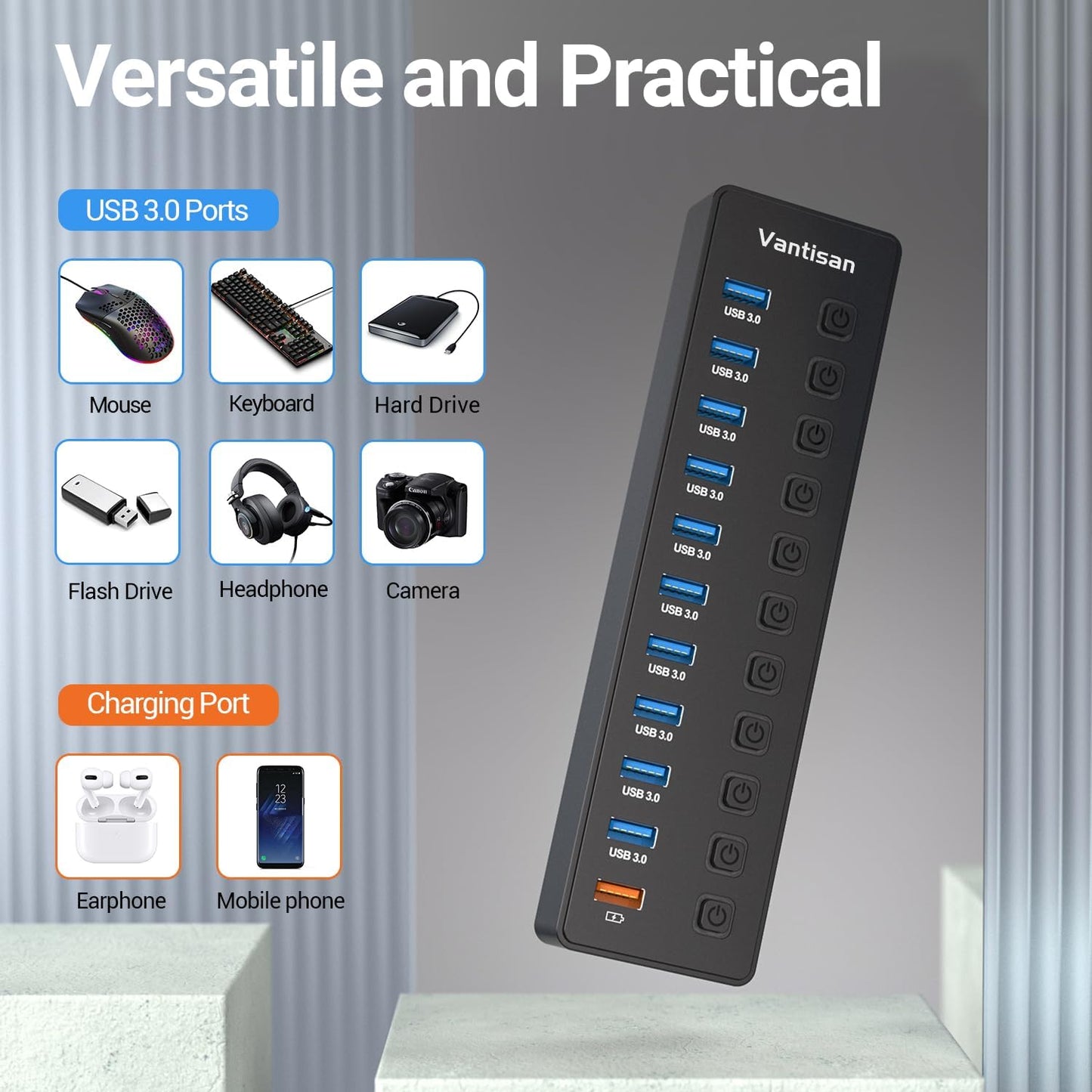 Powered USB Hub, 11-Port USB 3.0 Hub Splitter - 10 USB 3.0 Data Transfer Ports + 1 Smart Charging Port, USB Hub 3.0 Powered with Individual LED On/Off Switches and 5V/4A Power Adapter