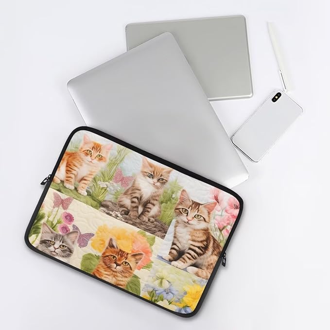 Cat Floral Printed Computer Case Bag for Girls Boys, Washable 17 Inch Laptop Bag Carrying Case Cute Laptop Briefcase Neoprene with Zipper, Compatible with Various Computers