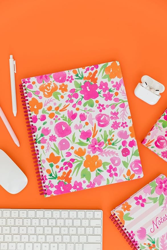 Steel Mill & Co Cute Large Spiral Notebook College Ruled, 11" x 9.5" with Durable Hardcover and 160 Lined Pages (Watercolor Flowers)