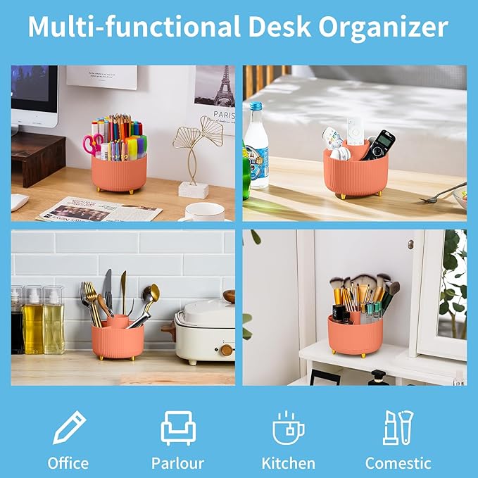 Marbrasse Desk Organizer, 360-Degree Rotating Pen Holder for Desk, Desk Organizers and Accessories with 5 Compartments Pencil Organizer, Art Supply Storage Box Caddy for Office, Home （Orange）