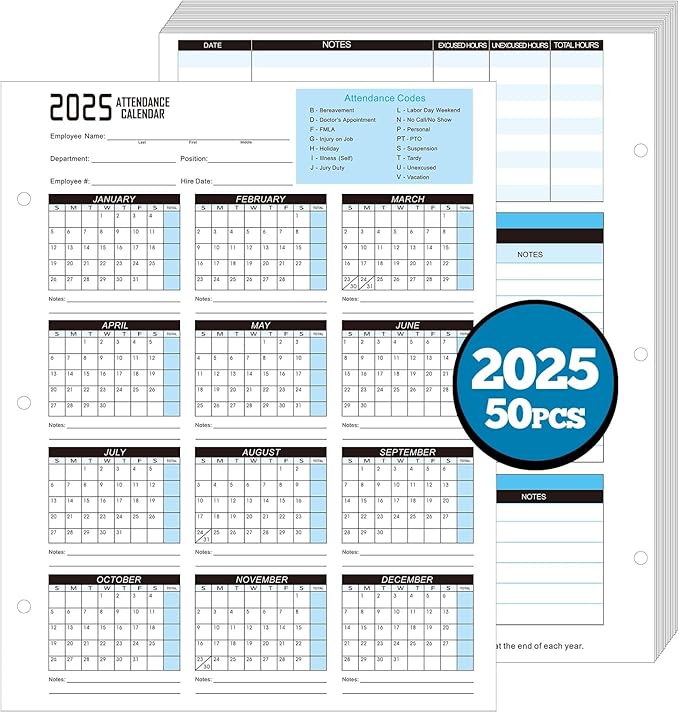 Gueevin 50 Sheets 2025 Attendance Calendar 8.5x11 Inch Attendance Calendar Cards Work Employee Tracker for 3 Hole Binder Folders Time Cards for Employee Office Manager Hr Record(Blue)