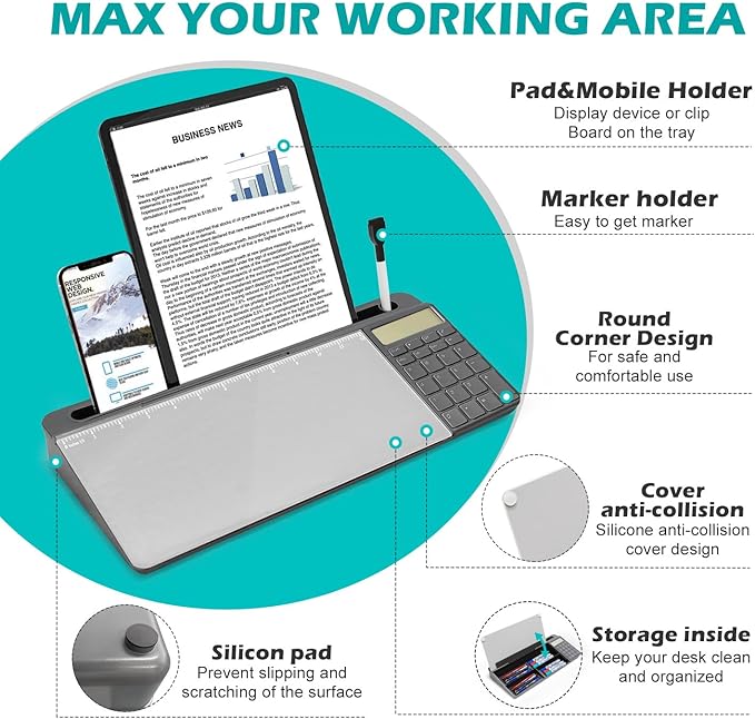 Desktop Glass Whiteboard with Calculator(12 Digit LCD Display) & Ruler Marker,Tilted Notepad Computer Keyboard Stand with Dry Erase Board Surface, Desk Organizers with Accessories,Gray
