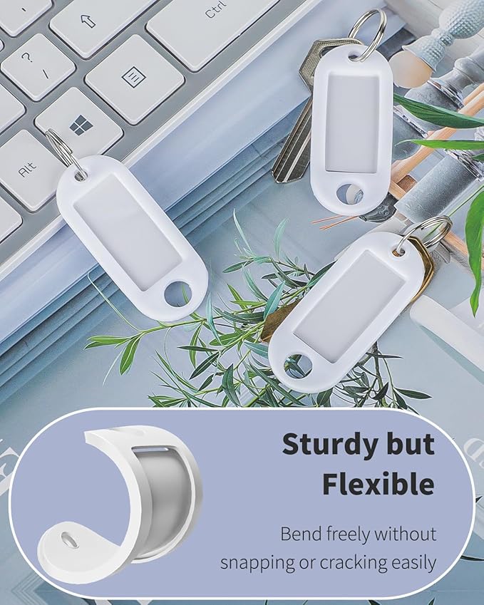 Uniclife 40 Pieces Key Tags 2 Inch Soft Plastic Key Chain Tags with Blank Paper Labels Clear Windows Protective Films and Split Rings Flexible Item Identifiers, White