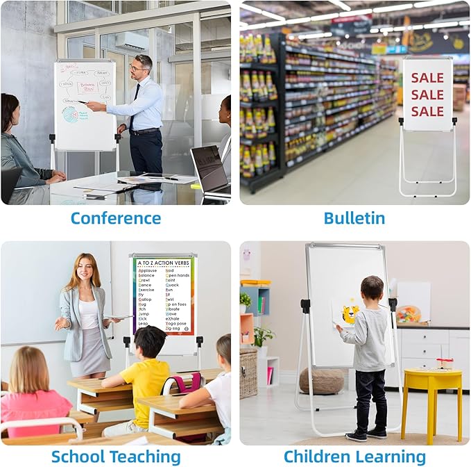 Stand Whiteboard Magnetic, 36” x 24” Double-Sided Flip Chart Easel Portable Dry Erase Board, Height Adjustable & 360° Rotating Whiteboard for Home Office Classroom, White