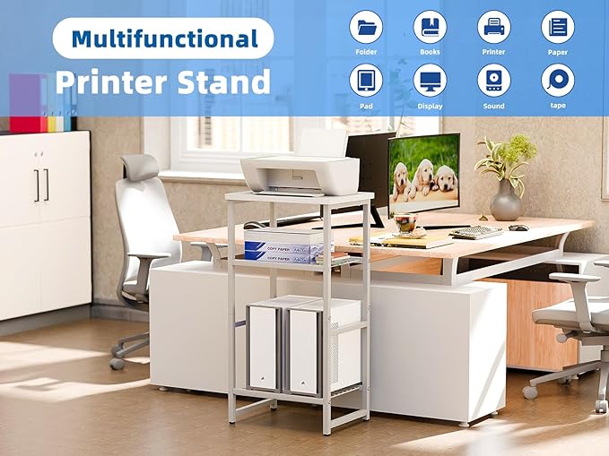 3-Tier Heavy-Duty Printer Stand – Multi-Functional Office Organizer with Wood Top, Perfect for Desk Underneath Storage,White with White Board