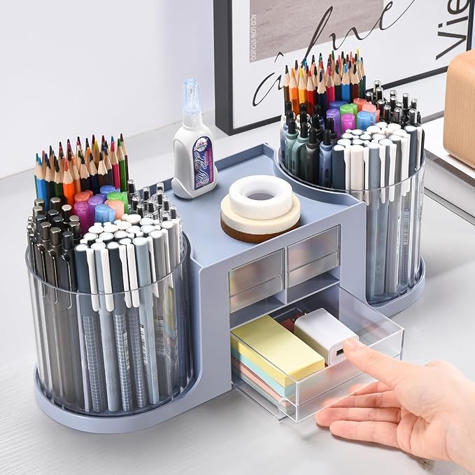 Rotating Desk Organizer with 2 Pen Holder, Desk Organizers and Accessories with 10 Slots Pencil Holder for Desk + 3 Drawer, Art Supply Storage Box Caddy for Office School Home (Blue)