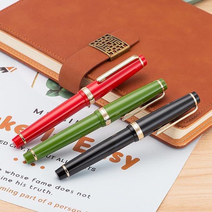 Jinhao 82 Red Acrylic Fountain Pen, Iridium Bent Nib Classic Design Smooth Writing Pen with Ink Converter (Gold Trim)