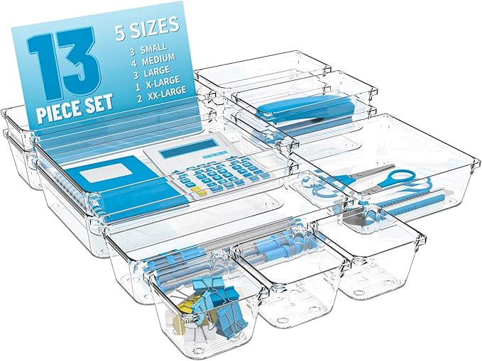 Utility Drawer Organizer Set of 13,With Non-Slip Silicone Pads, 5 Size Small Bins for Organization for Bathroom、Vanity、Nightstan、Kitchen、Office Desk Clear Plastic Organizing Containers for Drawers