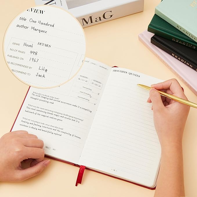 Reading Journal Book Lovers Gifts Hardcover Leather Readers Accessories Track Reading Log with 121 Books Reviews, 5.8”x8.3”, Pink