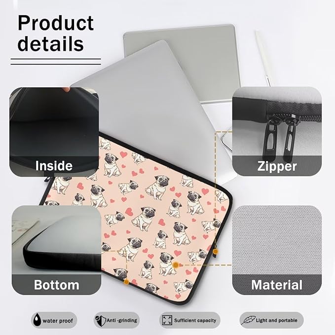 Pug Dog Printed Computer Bags for Laptops for Women, Heart Pattern Computer Carrying Cover Laptop Briefcase, 13 Inch Water Resistant Laptop Case Portable Computer Case Bag