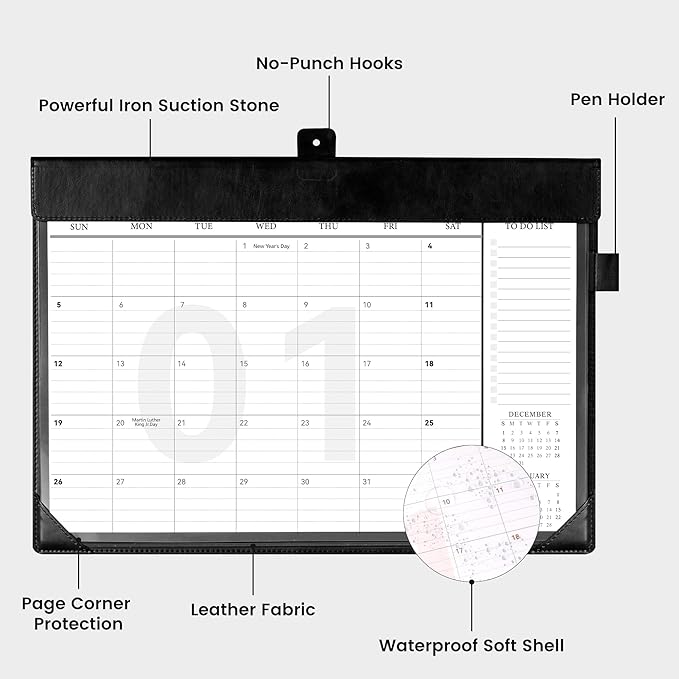 Desk Calendar 2025,12 Month Wall Calendar from Jan 2025-Dec 2025, Small Desk Calendar 12" x 8.5" with To-Do Lists, Leather Desk Pad Calendar with PVC Cover for Home School and Office,Black