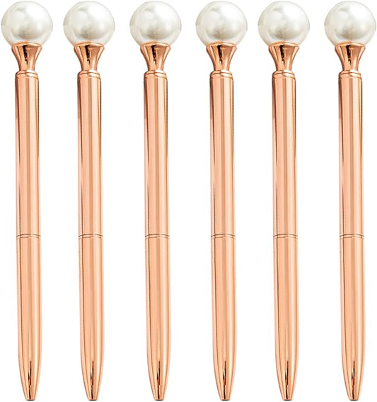 6 Pieces False Pearl Decoration Twist Metal Ballpoint Pen Ball Pen 1.0 MM Black Ink