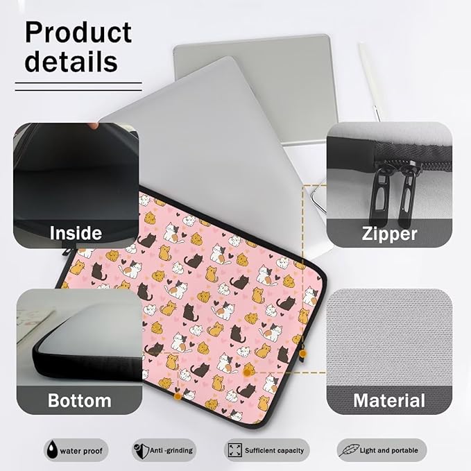 Cat Print Laptop Briefcases for Men Women, Heart Pattern Laptop Sleeve Case Water Resistant Neoprene Computer Carrying Cover 10 Inch Laptop Carrying Bag