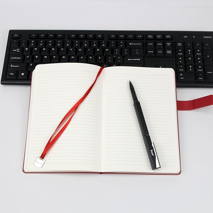 A5 Hard Cover Notebook with Pen Holder, Gold Edges & 180° Lay Flat - Large 5x8.25 Lined, Bookmark, Gift Box - Durable Journal for Office, Study, Travel - Writers, Students (Red)