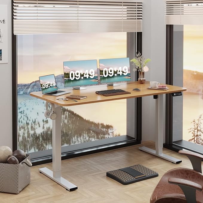 Furmax Electric Height Adjustable Standing Desk Large 55 x 24 Inches Sit Stand up Desk Home Office Computer Desk Memory Preset with T-Shaped Metal Bracket, Wood