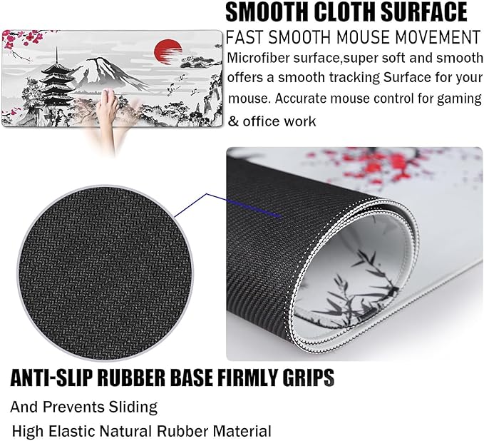 Japanese Landscape Large Mouse Pad, Large Extended Mouse Pad for Home Office Gaming Work 35.4x15.7 inch, Big Computer Mousepad Waterproof Non-Slip Rubber Mice Pads Stitched Edges