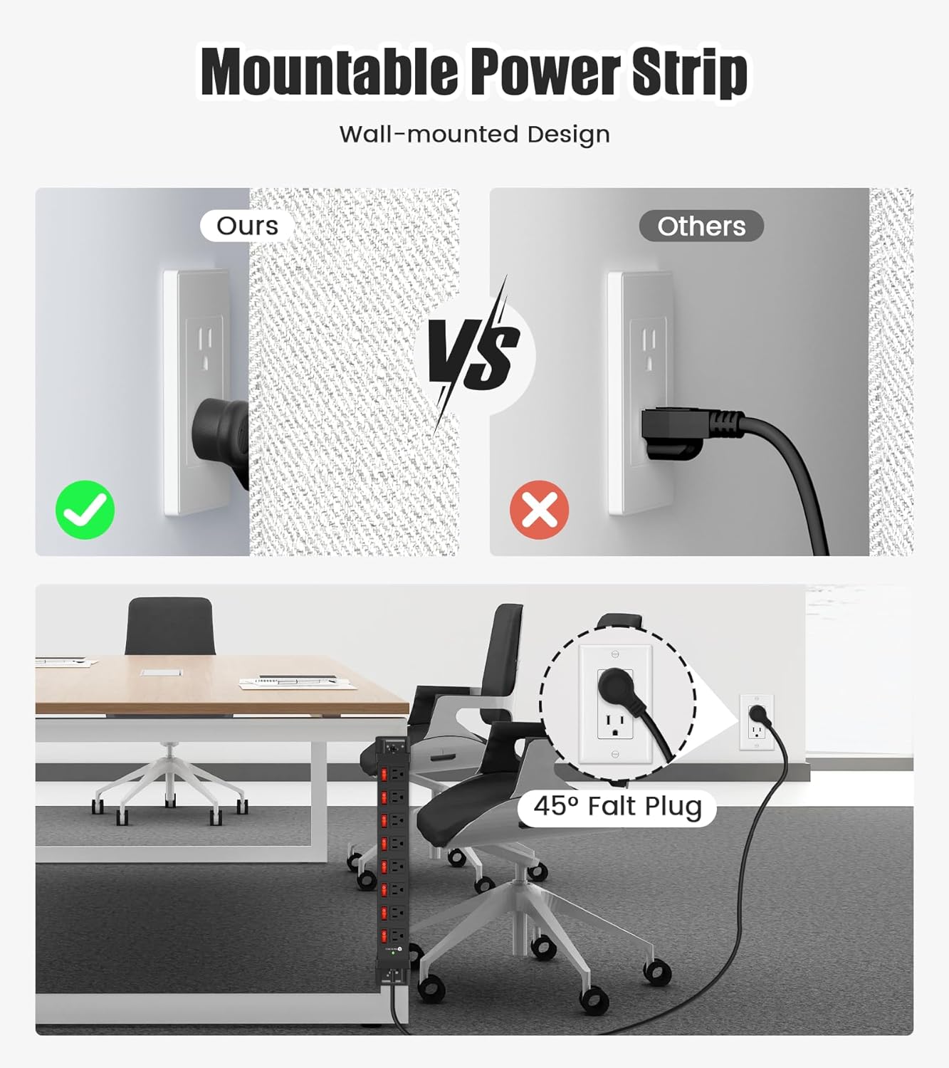 Heavy Duty Power Strip with Individual Switches,8 Outlets 14 Gauge Industrial Shop Garage Metal Multiple Outlets,1200J Surge Protector Mountable Power Strip,6FT Extension Cord Management(Black)