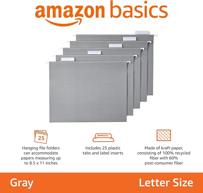 Amazon Basics Sturdy Hanging File Folders, Letter Size, Gray, 25-Pack