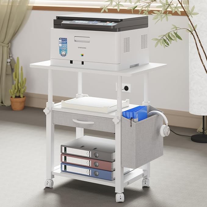 22"x15" Large Printer Stand with Storage Drawer and Side Bag, 3-Tier Height Adjustbale Printer Table for Home Office, Rolling Printer Cart fit Heat Press/Laser printer/3D Printer(White)