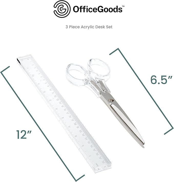 OfficeGoods 3 Piece Acrylic Desk Set - Includes Ruler, Staple Remover, Scissors - Functional & Elegant Desk Accessories - Stationary Tools for Home, Office, and School - Silver