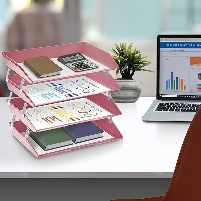 Acrimet 4 Tier Side Load Letter Tray Facility, Desktop File Organizer, A4 Letter Size Paper Organizer, Minimalist Storage Solution Paper Tray for Office, Home, Classroom (Plastic, Solid Pink Color)