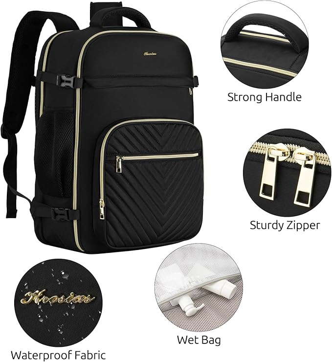 Travel Backpack for Women, Carry On Backpack for Airplanes Flight Approved, Waterproof Large Weekender Overnight Bag Fit 15.6 Inch Laptop with USB Charging Port, Black
