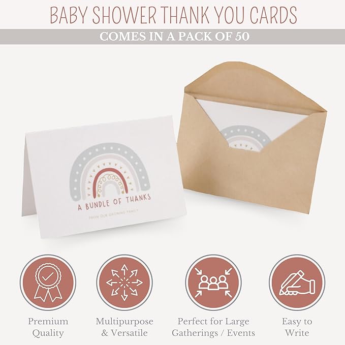 Baby Shower Thank You Cards with Envelopes, 50 Pack, Baby Girl Shower, Baby Boy Shower, Gender Neutral, Baby Shower Thank You Notes, Baby Shower Cards, Baby Thank You Cards for Girl, Baby Thank You