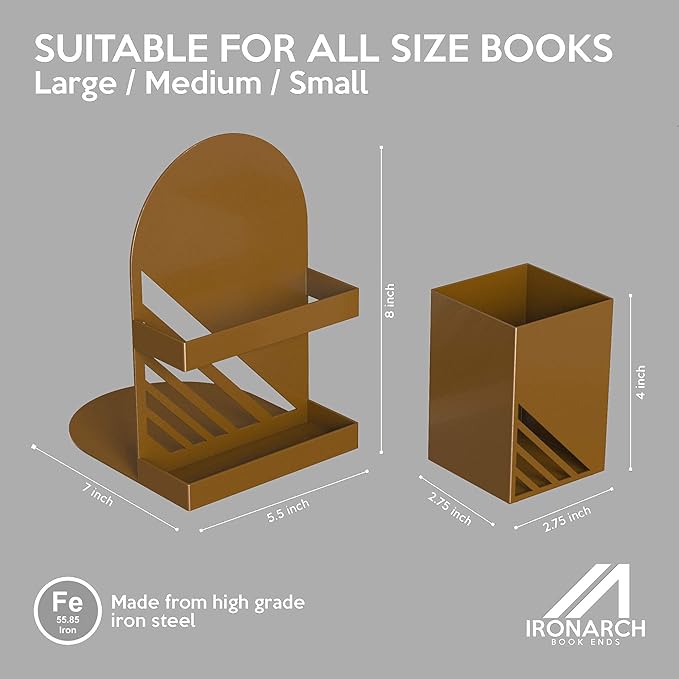 Iron Arch Modern and Decorative Bookends for Heavy Books, 200% Stronger & Heavier Than The Average Bookends, Large Bookends with Matching Bonus Storage Cup (Sahara Gold)