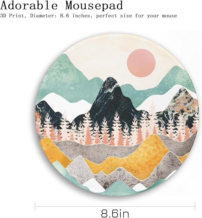 Gctriki Mountain Sunset Round Mouse Pad 8.6 x 8.6 Inch, Funny Small Mousepad for Desk Laptop Gaming, Stitched Edge Non-Slip Rubber Base, Cute Abstract Home Office Decor Desk Accessories Supplies