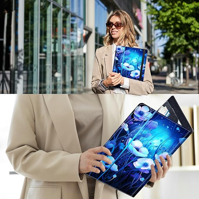 PU Leather Padfolio Folder Clipboard Portfolios Organizer Conference Document Organizer with Business Card Holder Storage Clipboard Writing Pad,Blue Flowers