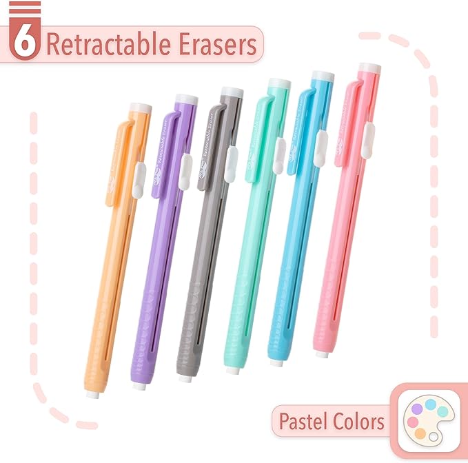 Mr. Pen- Retractable Mechanical Pencil Eraser, Pack of 6, Pastel Colors, Artist & Pen Eraser