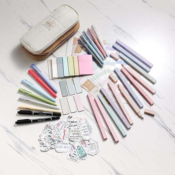 XKDOUS 56 Pcs Bible Study Supplies Journaling Kit, Bible Study Kit, Bible Case with Highlighters and Pens, Bible Tabs Stickers and Other Bible Journaling Supplies, Aesthetic Bible Study Tools