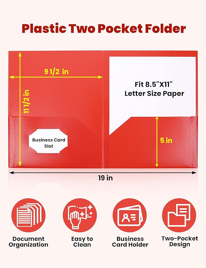 SUNEE 2 Pocket Folders (6 Pack, Red) Heavy-Duty Plastic Folders with Pockets, Fit 8.5x11 Letter Size Paper, 2-Pocket File Folders for Kids, Home, School, Office