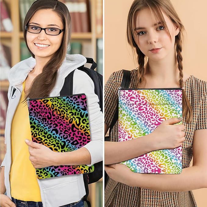 2 Pack Rainbow Leopard Print Book Sleeve, Books Protector，Books Pouch， Book Lovers Gifts，Bookish Gifts Waterproof Cover with Zipper，Leopard Decor Gift Bag for Women Girls Manager Christmas