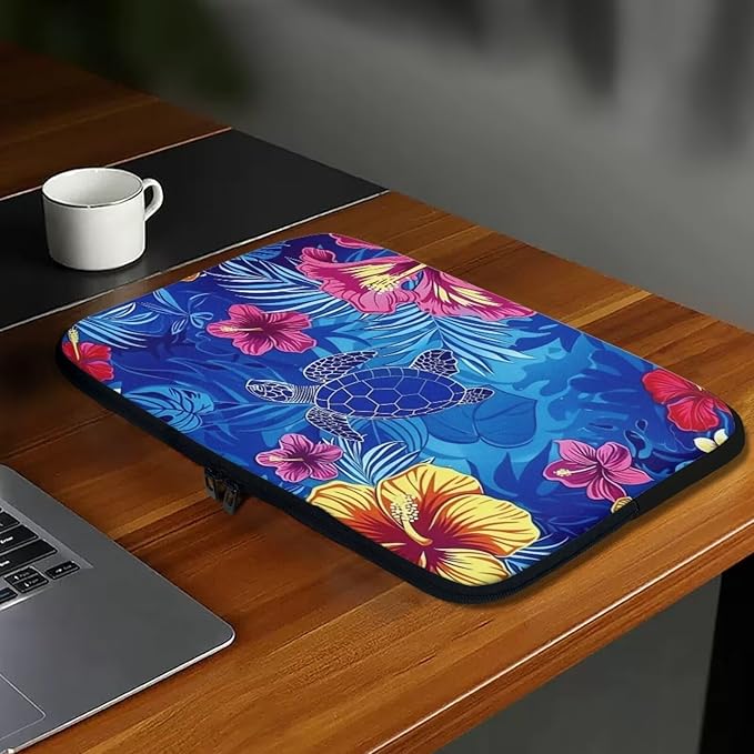 Sea Turtle Printed Laptop Briefcase for Women Men, Hibiscus Flower Printed 17 Inch Laptop Bag Messenger Bag Lightweight Laptop Case for Office Business Traveling Daily Use