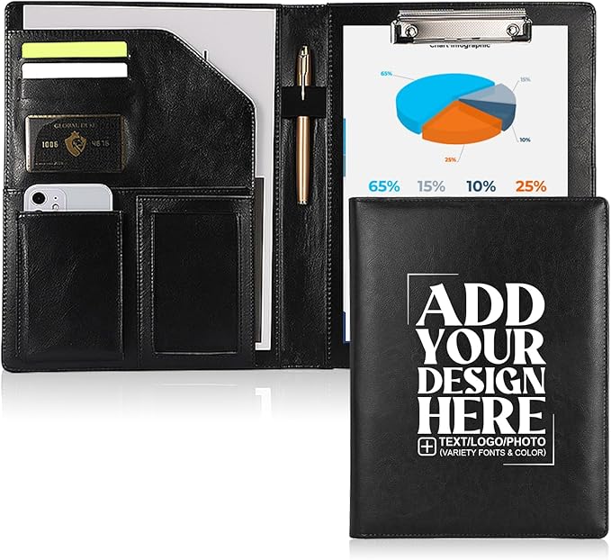 Personalized Padfolio - Customized Leather Portfolio with Logo or Text - Professional Business Portfolio with A4/US Letter Writing Pad Holder for Resumes and Interviews, Black