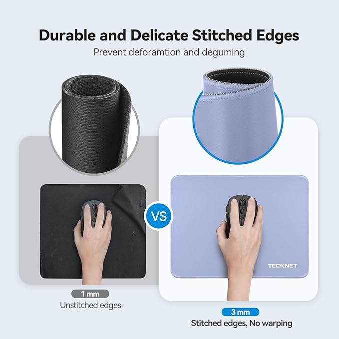 TECKNET Mouse Pad 270 x 210 x 3 mm with Anti-fray Stitchin, Waterproof Surface & Non-Slip Rubber Base with Stitched Edges Gaming Mouse Mat for Laptop，Compatible with Laser and Optical Mice - LT.Blue
