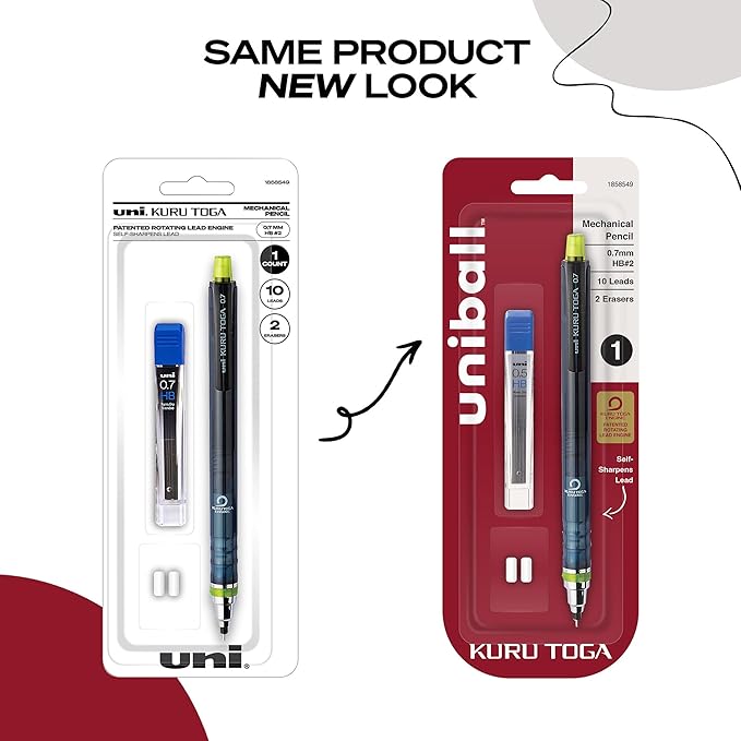 uni-ball Kuru Toga Mechanical Pencil with 0.7 mm Lead Refills & Pencil Erasers, HB #2