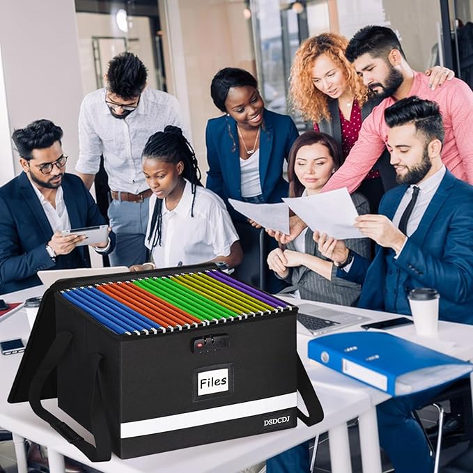 File Box with Lock 2 Pack - Portable File Box with Handle, Sturdy Important Document Organizer with Label, Slide, Reflective Strip for Hanging Letter/Legal Folder