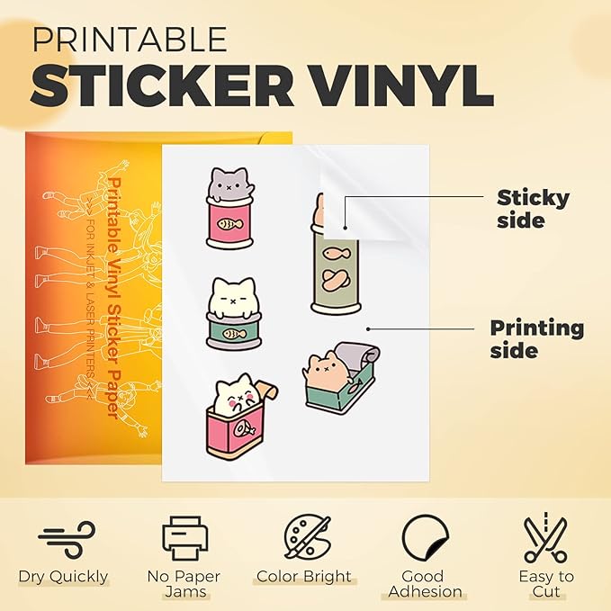 HTVRONT Printable Vinyl Sticker Paper, 100 Sheets Glossy Waterproof Sticker Paper For Inkjet Printer Dries Quickly-Standard Letter Size 8.5"X11" (100 g)