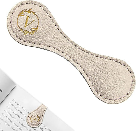 ABTOLS Magnetic Leather Initial Bookmarks, Vintage Initial ID Identification Book Marker Clip Gift Beige Capital Letter Book Markers for Book Lover Avid Readers (V)