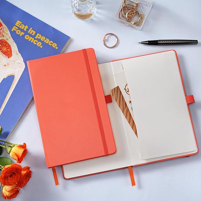 Ruled Notebook/Journal - Classic Lined Journal/Notebook, 5.3'' x 8.26'', Hardcover with Thick Paper, Banded + Pen Holder +Inner Pocket - Coral Pink