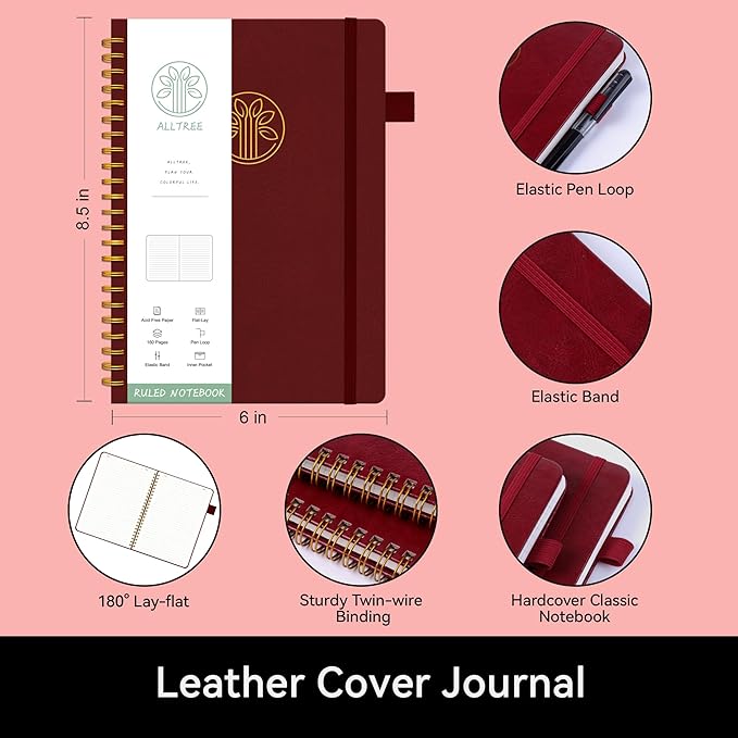 Alltree Lined Journal Notebook, Spiral Journal for Women, A5 Medium, Leather Hardcover Spiral Notebook with Tabs, Pen Loop, Pocket, Stickers, 160 Pages, Journal for Work, Burgundy(6"x8.5")