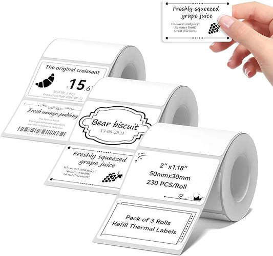 3 Rolls Labels for NIIMBOT B1 B21 B3S K3 Label Maker, 2'' x 1.18'' (50x30mm) Printer Labels, Food Labels for Jars, Personalized Editable Labels for Home/School/Office