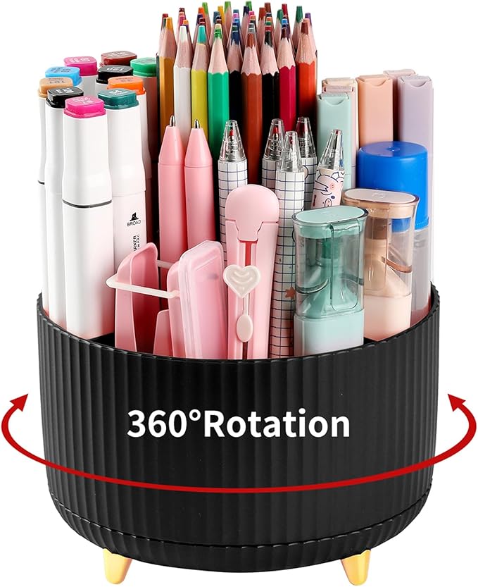 Desk Pencil Pen Holder, 5 Slots 360°Degree Rotating Pencil Pen Organizers for Desk, Desktop Storage Stationery Supplies Organizer, Cute Pencil Cup Pot for Office, School, Home, Art Supply, Black